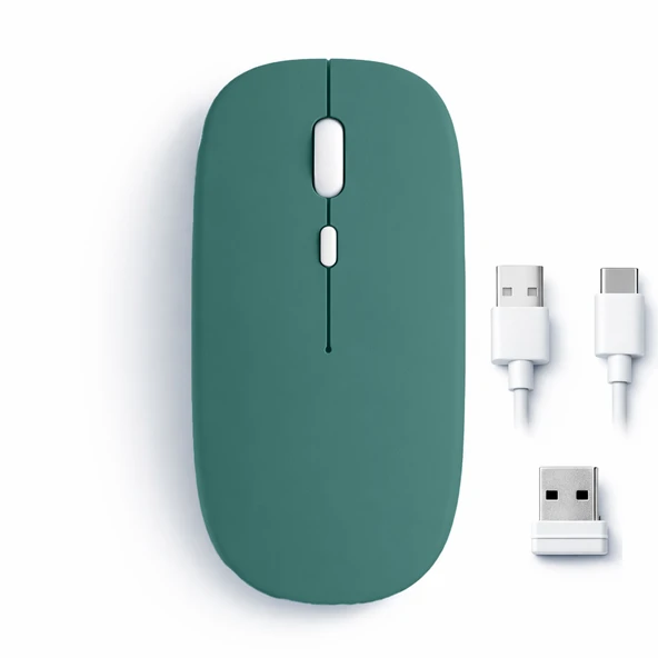 Mac iPad PC Tablet Uyumlu Mouse Şarjlı Batarya Sessiz Tıklama USB Dongle ve Kablo Dahil  Haki ürün görseli 1