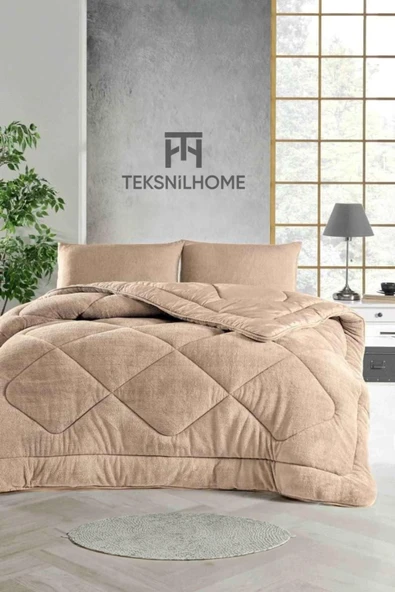TeksNil Home Çift Kişilik | Çift Taraflı Bej Welsoft Yorgan | 195 x 215 | Zigzak - Damla - Baklava Desen ürün görseli 1