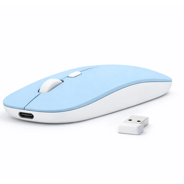 Laptop İçin İnce Kablosuz Mouse Bluetooth Bağlantı Şarjlı Batarya USB Alıcılı Taşınabilir Tasarım  Mavi ürün görseli 1