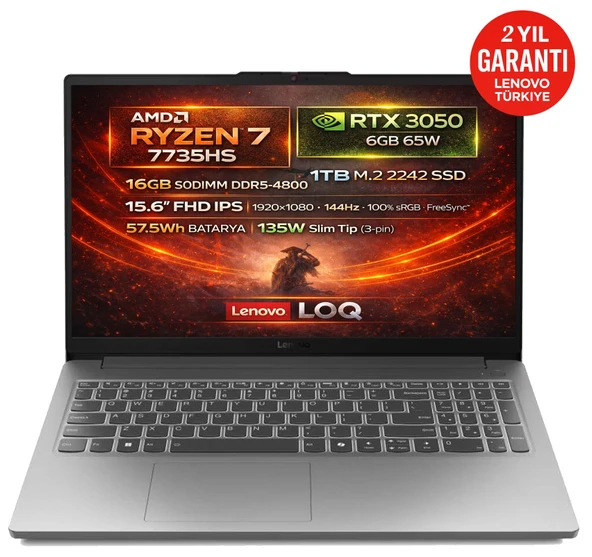 Lenovo LOQ 15ARP10E AMD Ryzen 7 7735HS 16GB 1TB SSD RTX 3050 6GB 15.6" FHD (1920X1080) IPS 144Hz Freedos Taşınabilir Bilgisayar 83S00032TR ürün görseli 1