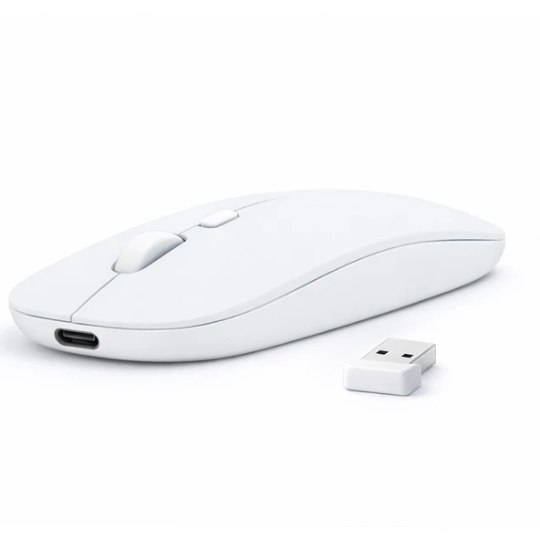 Laptop İçin İnce Kablosuz Mouse Bluetooth Bağlantı Şarjlı Batarya USB Alıcılı Taşınabilir Tasarım  Beyaz ürün görseli 1