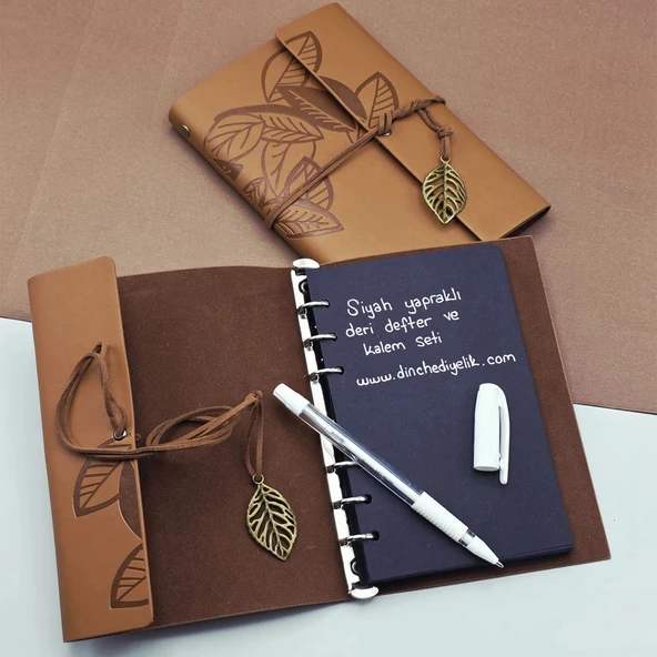 Siyah Yapraklı Deri Defter Ve Kalem Seti ürün görseli 1
