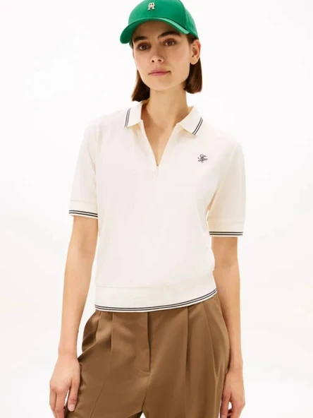 Tommy Hilfiger   TH SCRIPT LYOCELL ZIP SS POLO Kadın Bej T-Shirt - WW0WW47853 ürün görseli 1
