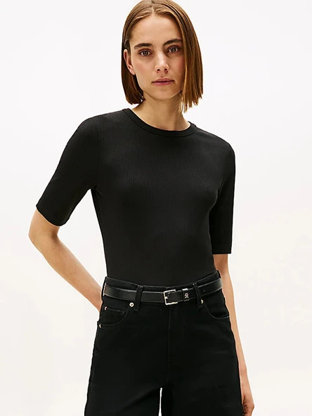 Tommy Hilfiger   SLIM 5X2 RIB C-NK 1/2 SLV Kadın Siyah T-Shirt - WW0WW47308 ürün görseli 1