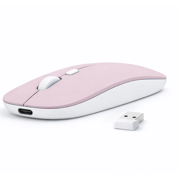 Laptop İçin İnce Kablosuz Mouse Bluetooth Bağlantı Şarjlı Batarya USB Alıcılı Taşınabilir Tasarım  Pembe ürün görseli 1