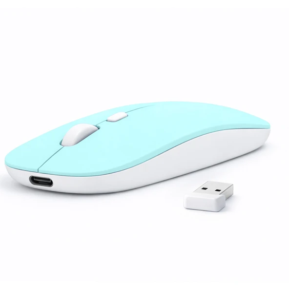 Laptop İçin İnce Kablosuz Mouse Bluetooth Bağlantı Şarjlı Batarya USB Alıcılı Taşınabilir Tasarım  Turkuaz ürün görseli 1