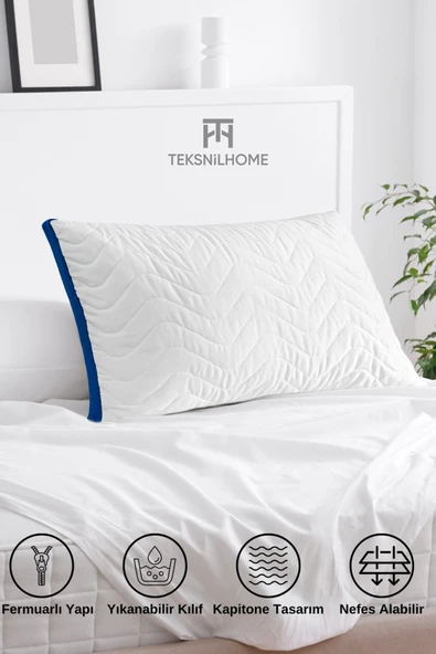 TeksNil Home Fermuarlı Klimalı Yastık 900 Gram Kapitoneli Boncuk Silikon Yastık Mavi 50x70 cm ürün görseli 1