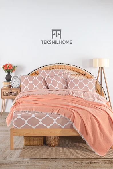 TeksNil Home %100 Pamuklu Oslo Çift Kişilik Pudra Pike Takımı(LASTİKLİ ÇARŞAF,PİKE,YASTIK KILIFI) ürün görseli 1