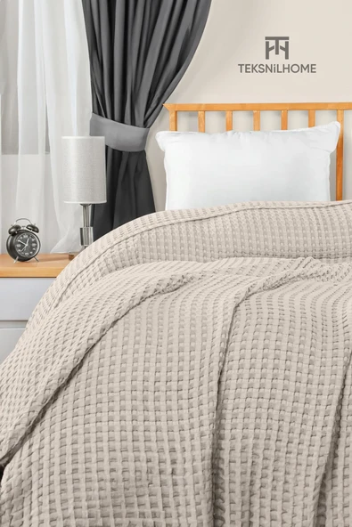 TeksNil Home | %100 Pamuk Waffle Desen Bej Çift Kişilik Pike |yatak Örtüsü | 200x230 | Çok Amaçlı Örtü ürün görseli 1