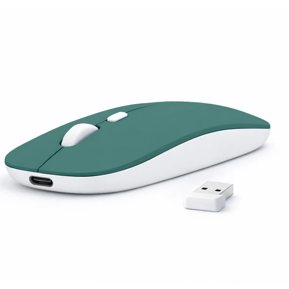 Laptop İçin İnce Kablosuz Mouse Bluetooth Bağlantı Şarjlı Batarya USB Alıcılı Taşınabilir Tasarım  Haki ürün görseli 1