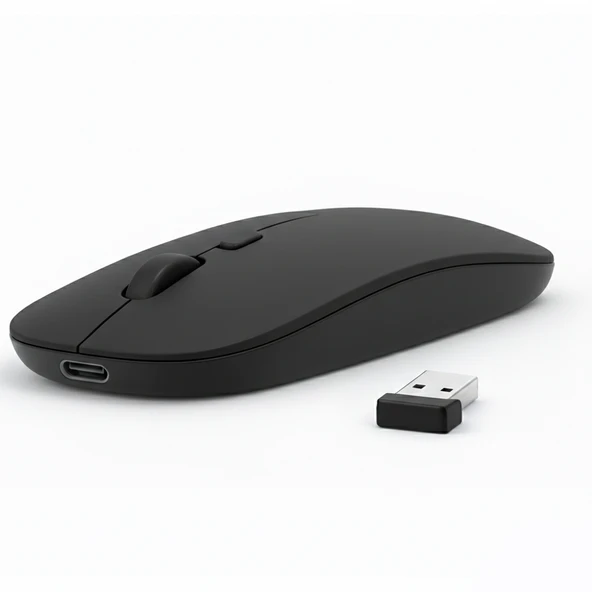 Laptop İçin İnce Kablosuz Mouse Bluetooth Bağlantı Şarjlı Batarya USB Alıcılı Taşınabilir Tasarım  Siyah ürün görseli 1