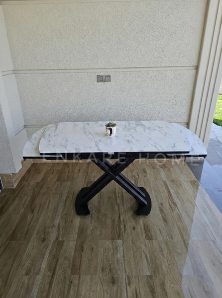 X Ayaklı Gloss Masa - Marmo Beyaz Mermer Desen - Mdf Masa - 80x130-190 ürün görseli 1