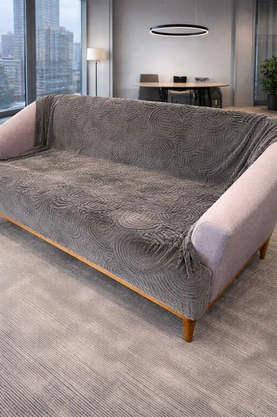 Geometrik Tavşan Tüyü Kaymaz Tabanlı Koltuk Örtüsü 170x215 Cm Antrasit ürün görseli 1