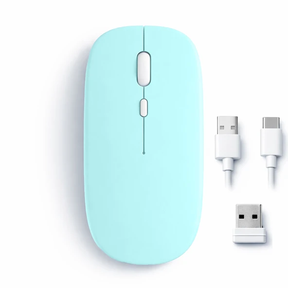 Mac iPad PC Tablet Uyumlu Mouse Şarjlı Batarya Sessiz Tıklama USB Dongle ve Kablo Dahil  Turkuaz ürün görseli 1