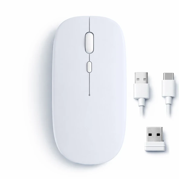 Mac iPad PC Tablet Uyumlu Mouse Şarjlı Batarya Sessiz Tıklama USB Dongle ve Kablo Dahil  Beyaz ürün görseli 1