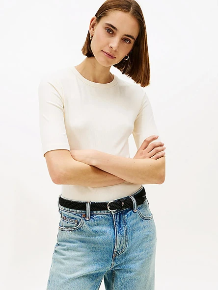 Tommy Hilfiger   SLIM 5X2 RIB C-NK 1/2 SLV Kadın Bej T-Shirt - WW0WW47308 ürün görseli 1