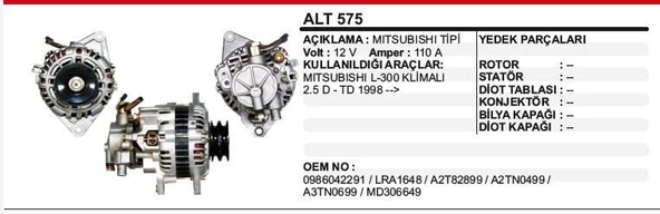 ALTERNATÖR 12V 100A MITSUBISHI L300 98-> ÇİFT KASNAK KLİMALI MITSUBISHI TİP ürün görseli 1