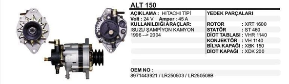 ALTERNATÖR 24V 45A ISUZU ŞAMPİYON 96-04 HITACHI TİP ürün görseli 1