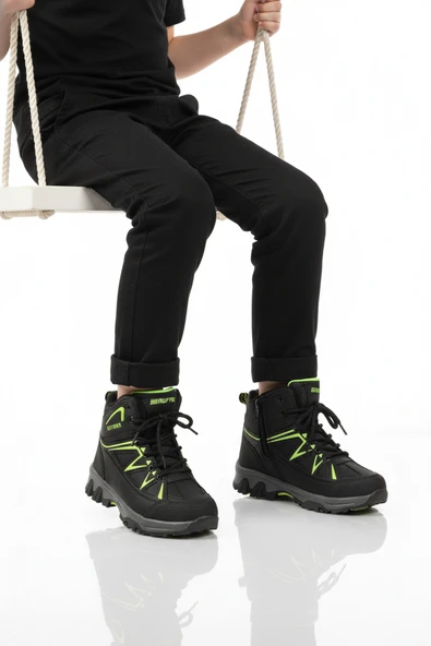 Ayakmod Siyah Yeşil Polarlı Kaymaz Unisex Çocuk Outdoor Bot 2301 F ürün görseli 1