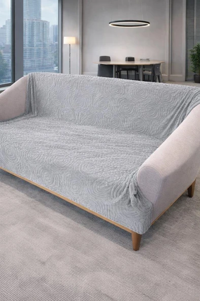 Geometrik Tavşan Tüyü Kaymaz Tabanlı Koltuk Örtüsü 170x215 Cm Gri ürün görseli 1