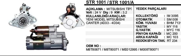 MARŞ MOTORU 9DİŞ 24V MITSUBISHI CANTER Y.M.FORMETAL DİŞLİLİ MITSUBISHI TİP ürün görseli 1