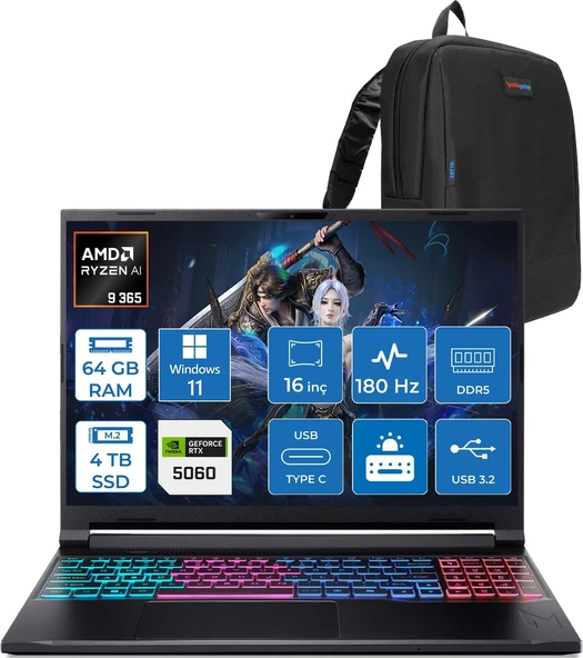 Acer Nitro V 16S Aı AN16S Amd Ryzen™ Aı 9 365 64GB Ddr5 4tb SSD 8GB/RTX5060 115W 16"qhd+ 2560X1600 180Hz IPS WIN11HOME Gaming Bilgisayar. NHQXUEY001H20+ZETTAÇANTA ürün görseli 1