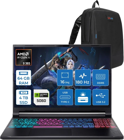 Acer Nitro V 16S Aı AN16S Amd Ryzen™ Aı 9 365 64GB Ddr5 4tb SSD 8GB/RTX5060 115W 16"qhd+ 2560X1600 180Hz IPS Freedos Gaming Bilgisayar. NHQXUEY001F20+ZETTAÇANTA ürün görseli 1