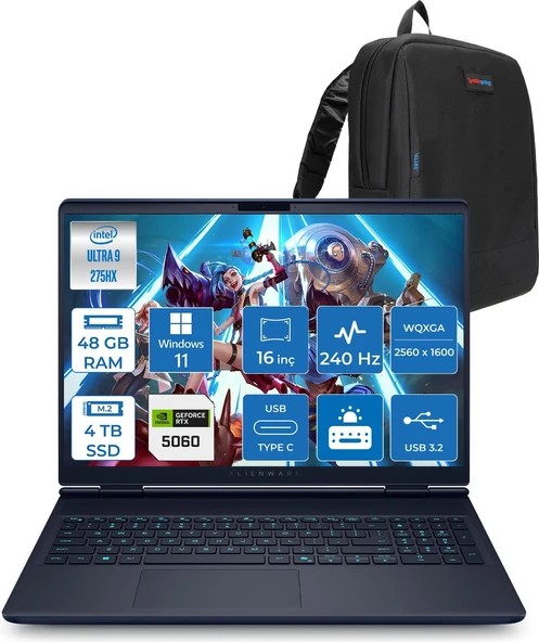 Dell Alienware 16X Aurora AC16251 Ultra 9 275HX Ddr5 48GB 4tb SSD 8GB/RTX5060 115W 16INÇ Wqxga 240Hz 500NITS WINDOWS11HOME Gaming Laptop AC162515060H23+ZETTAÇANTA ürün görseli 1
