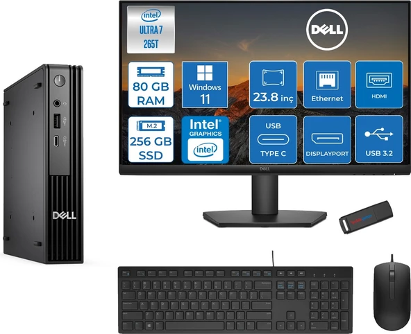 Dell Pc Pro Mıcro QCM1250 Intel® Ultra 7 265T 80GB Ddr5 256GB SSD Intel® Graphicsdell 23.8 Fhd Mon.  WIN11HOME Mini Masaüstü Bilgisayar BTO10723H26+ZETTAUSBBELLEK ürün görseli 1