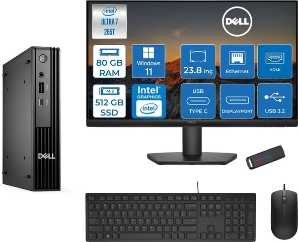 Dell Pc Pro Mıcro QCM1250 Intel® Ultra 7 265T 80GB Ddr5 512GB SSD Intel® Graphicsdell 23.8 Fhd Mon.  WIN11HOME Mini Masaüstü Bilgisayar BTO10723H27+ZETTAUSBBELLEK ürün görseli 1