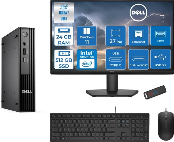 Dell Pc Pro Mıcro QCM1250 Intel® Ultra 7 265T 24GB Ddr5 512GB SSD Intel® Graphicsdell 27 Inç Fhd Mon.  WIN11PRO Mini Masaüstü Bilgisayar BTO10727P07+ZETTAUSBBELLEK ürün görseli 1