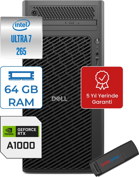 Dell Pro Max Tower T2 Ultra 7 265 64GB Ddr5 1tb SSD 8GB/A1000 Windows 11 Pro Masaüstü Iş Istasyonu FCT22502A1000P22 + Zettausb ürün görseli 1