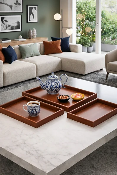 3’lü Ahşap Tepsi Seti, Büyük Tepsi: 40 x 30 cm, Orta Tepsi: 35x25 cm, Küçük Tepsi: 30x20 cm ürün görseli 1