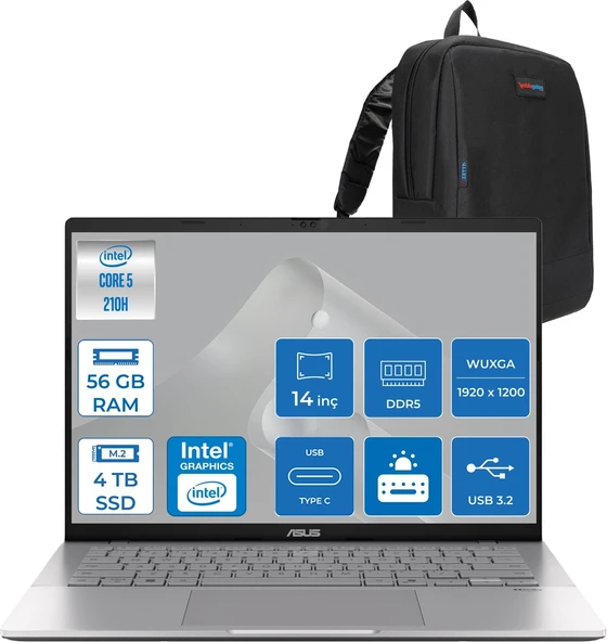 Asus Vivobook S14 Intel Core 5 210H 56GB Ddr5 4tb SSD Intel UHD Graphics 14" Wuxga IPS 60Hz 300NITS Windows 11 Pro Taşınabilir Bilgisayar LY083P16 + Zettaçanta ürün görseli 1