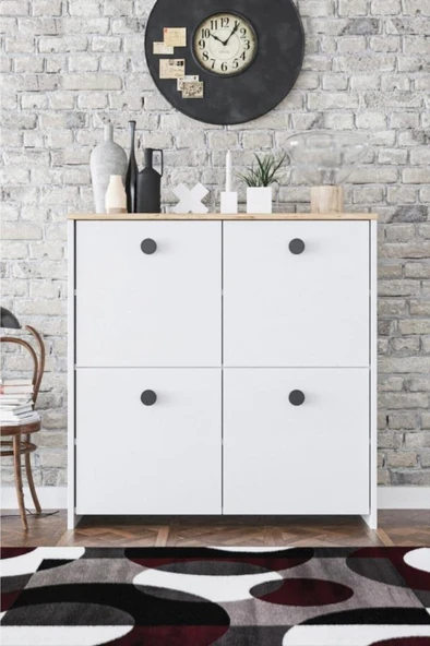 4 Kapaklı 4 Raflı Modern Dekoratif Dolap Beyaz Meşe ürün görseli 1