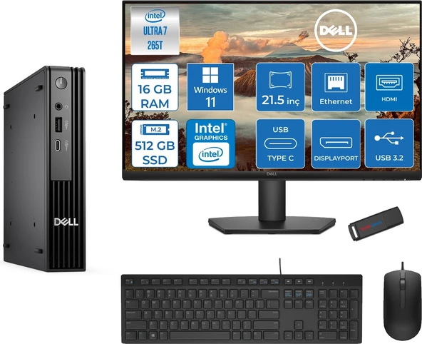 Dell Pc Pro Mıcro QCM1250 Intel® Ultra 7 265T 16GB Ddr5 512GB SSD Intel® GRAPHICS21.5 Dell Monitör Fhd  WIN11PRO Mini Masaüstü Bilgisayar BTO10721P02+ZETTAUSBBELLEK ürün görseli 1