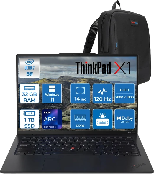 Lenovo Thinkpad X1 5g Lte Carbon G13 Aura Edition Intel Core Ultra 7 258V 32GB Ddr5 1tb SSD Intel Arc 140V 14" 2.8k (2880X1800) OLED 500NITS 120hz W11P Premium Bilgisayar 21NS004MTXP10 + Zettaçanta ürün görseli 1