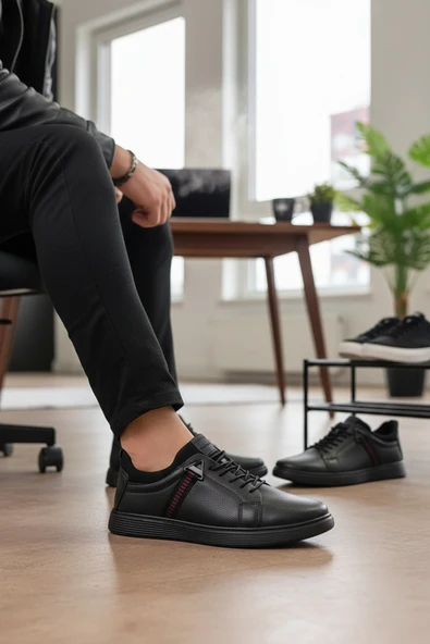 Enoch Hakiki Deri Lastikli Yazlık Kırmızı Şerit Detaylı Erkek Sneaker Ortopedik Taban ürün görseli 1