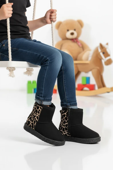 Ayakmod Siyah Leopar İçi Kürklü Soğuğa Dirençli Kız Çocuk Bot 1212 P ürün görseli 1