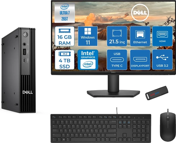 Dell Pc Pro Mıcro QCM1250 Intel® Ultra 7 265T 16GB Ddr5 4tb SSD Intel® GRAPHICS21.5 Dell Monitör Fhd  WIN11HOME Mini Masaüstü Bilgisayar BTO10721H05+ZETTAUSBBELLEK ürün görseli 1