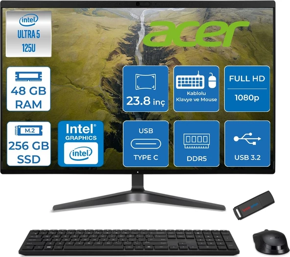 Acer Veriton VZ2524G Intel Core Ultra 5 125U 48GB Ddr5 256GB SSD Intel® Aı Boost 23.8" Fullhd (1920 x 1080) Freedos All In One Bilgisayar DQR2REM001F21 + Zetta Flash Bellek ürün görseli 1