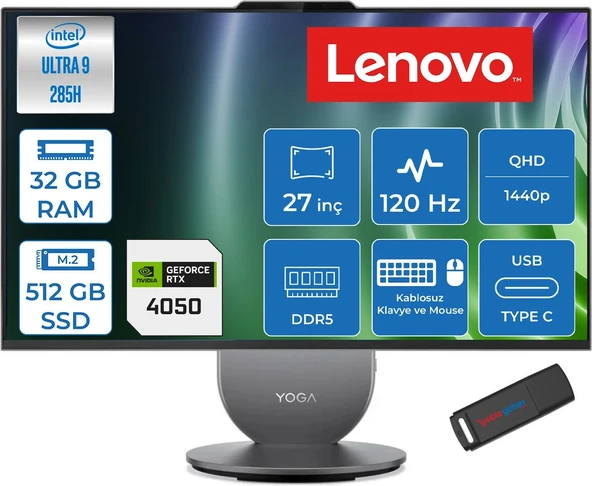 Lenovo Yoga Aıo Core Ultra 9 285H 5.4ghz 32GB 512GB SSD 6GB/RTX4050 27" Qhd (2560X1440) IPS 400NITS 120hz Freedos All In One Bilgisayar 27AIH1050F09 + Zettausb ürün görseli 1