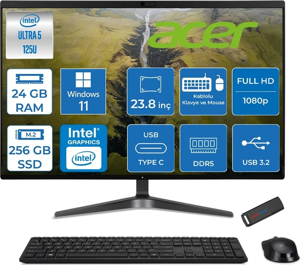 Acer Veriton VZ2524G Intel Core Ultra 5 125U 24GB Ddr5 256GB SSD Intel® Aı Boost 23.8" Fullhd (1920 x 1080) Windows 11 Home All In One Bilgisayar DQR2REM001H06 + Zetta Flash Bellek ürün görseli 1