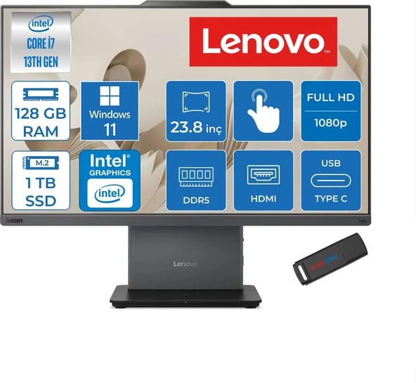 Lenovo Thinkcentre Neo 50A 24 Gen5 Intel Core I7-13620H 128GB Ddr5 1tb SSD Windows 11 Pro UHD Graphics 23.8 Inç Fhd (1920X1080) IPS 250NITS All In One Bilgisayar TC12SCA0CNTRP43 + Zetta Flash Bellek ürün görseli 1