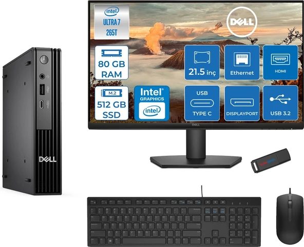 Dell Pc Pro Mıcro QCM1250 Intel® Ultra 7 265T 80GB Ddr5 512GB SSD Intel® GRAPHICS21.5 Dell Monitör Fhd  Freedos Mini Masaüstü Bilgisayar BTO10721F27+ZETTAUSBBELLEK ürün görseli 1