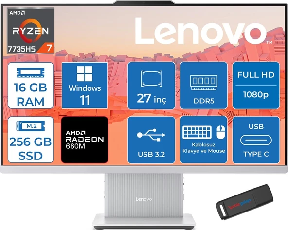 Lenovo Ideacentre Aıo 27ARR9 Amd Ryzen 7 7735HS 16GB Ddr5 256GB SSD Windows 11 Home Radeon 680M 27 Inç Fhd (1920X1080) IPS 300NITS Bulut Gri All In One Bilgisayar ICF0HQ008GTRH01 + Zetta Flash Bellek ürün görseli 1