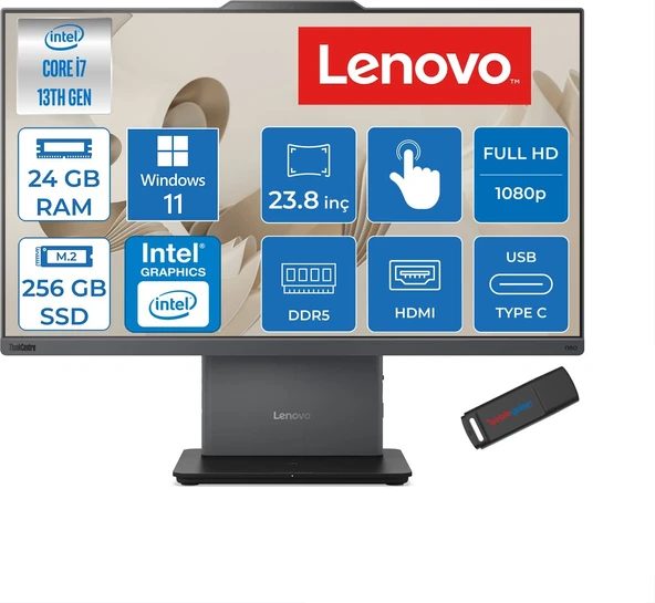 Lenovo Thinkcentre Neo 50A 24 Gen5 Intel Core I7-13620H 24GB Ddr5 256GB SSD Windows 11 Home UHD Graphics 23.8 Inç Fhd (1920X1080) IPS 250NITS All In One Bilgisayar TC12SCA0CNTRH06 + Zetta Flash Bellek ürün görseli 1