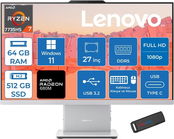 Lenovo Ideacentre Aıo 27ARR9 Amd Ryzen 7 7735HS 64GB Ddr5 512GB SSD Windows 11 Home Radeon 680M 27 Inç Fhd (1920X1080) IPS 300NITS Bulut Gri All In One Bilgisayar ICF0HQ008GTRH27 + Zetta Flash Bellek ürün görseli 1