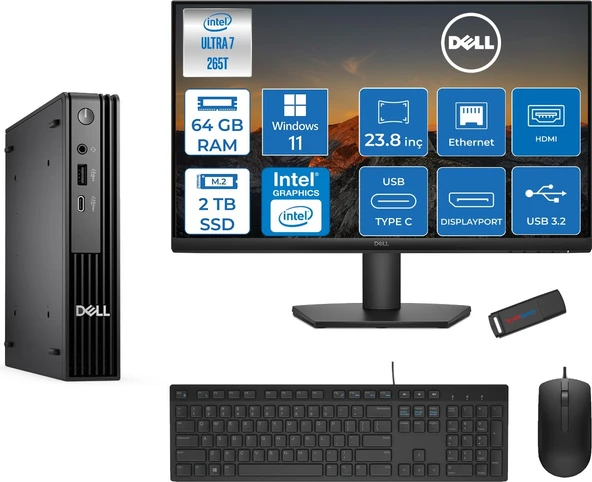 Dell Pc Pro Mıcro QCM1250 Intel® Ultra 7 265T 64GB Ddr5 2tb SSD Intel® Graphicsdell 23.8 Fhd Mon.  WIN11PRO Mini Masaüstü Bilgisayar BTO10723P24+ZETTAUSBBELLEK ürün görseli 1