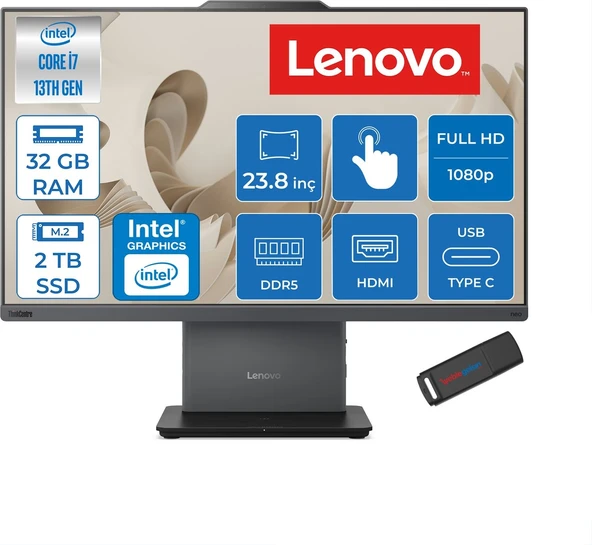 Lenovo Thinkcentre Neo 50A 24 Gen5 Intel Core I7-13620H 32GB Ddr5 2tb SSD Freedos UHD Graphics 23.8 Inç Fhd (1920X1080) IPS 250NITS All In One Bilgisayar TC12SCA0CNTRF14 + Zetta Flash Bellek ürün görseli 1